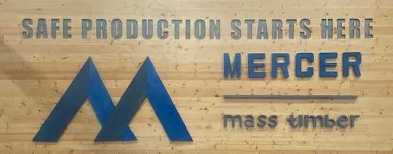 Mercer Mass Timber Logo. Safe Production Starts Here.