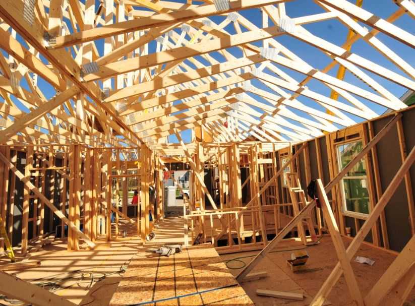 Interior structure of a building showing the trusses.